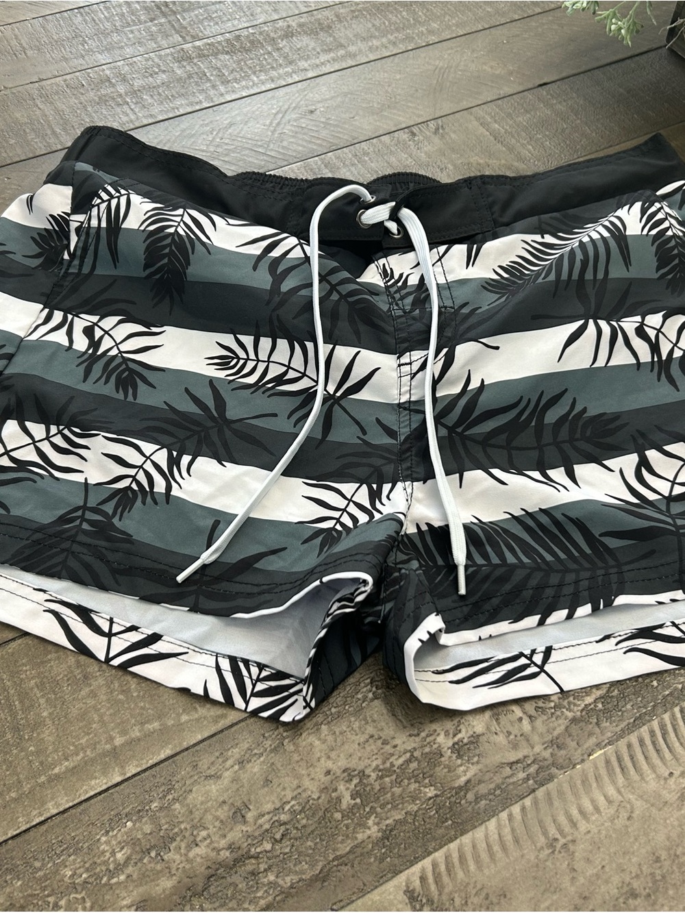 Men's Black, White & Dark Green Striped Tropical Swim Trunks